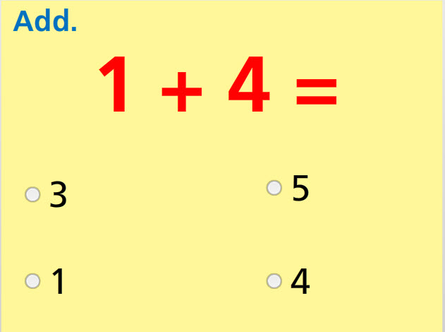 Add Two Numbers- Sums to 5 Math Test